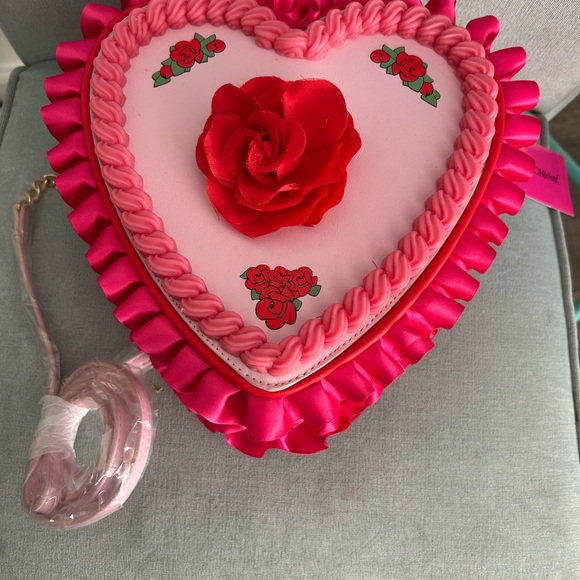 Betsey Johnson Heart Shaped Pink and Red Crossbody Bag with Roses - Picture 5 of 6